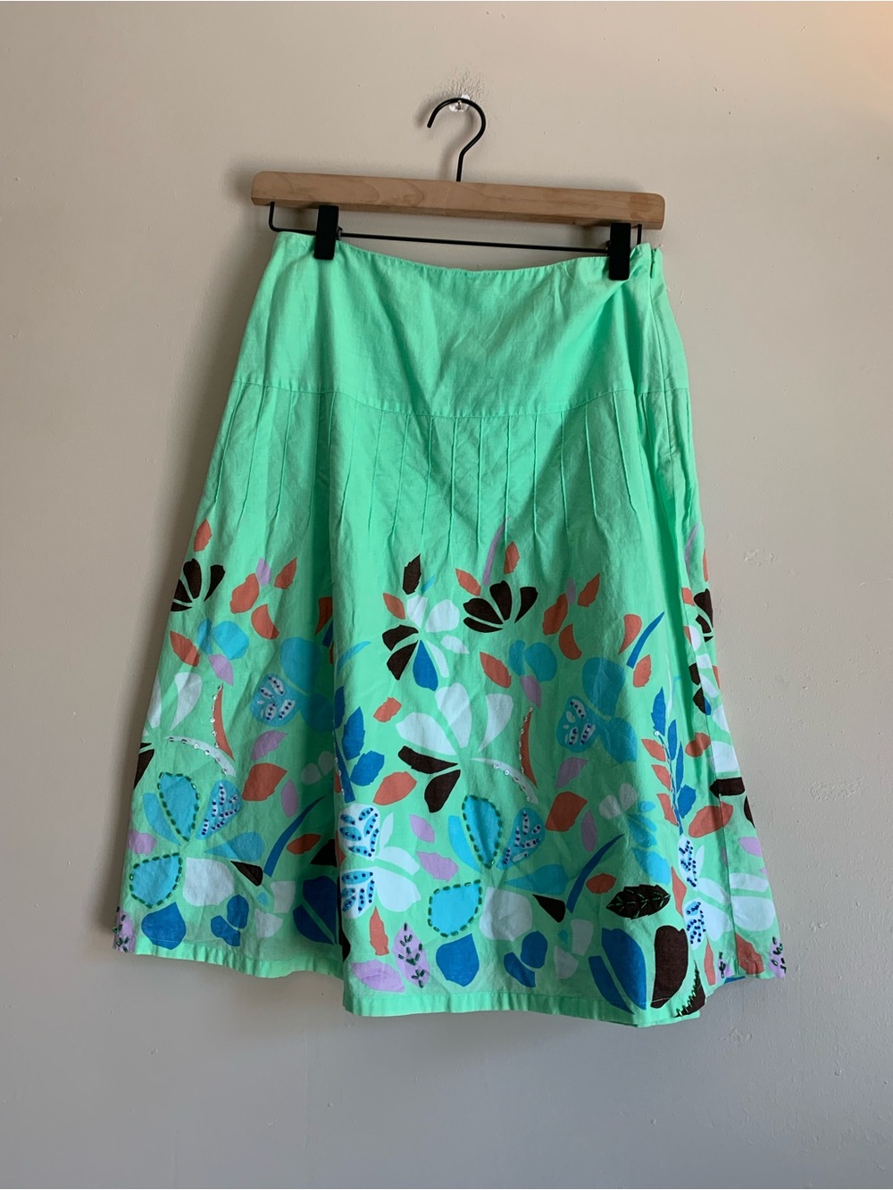 Harold's Mint Green A-Line Skirt with Multicolor Floral Border Women 2 Cotton